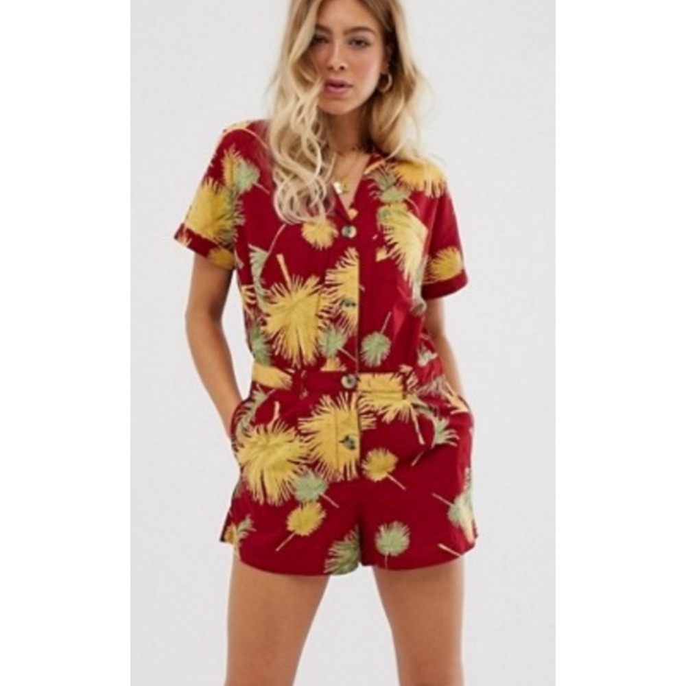 Free People Malibu Red Palm Print Button‎ Down Romper Women's Size S